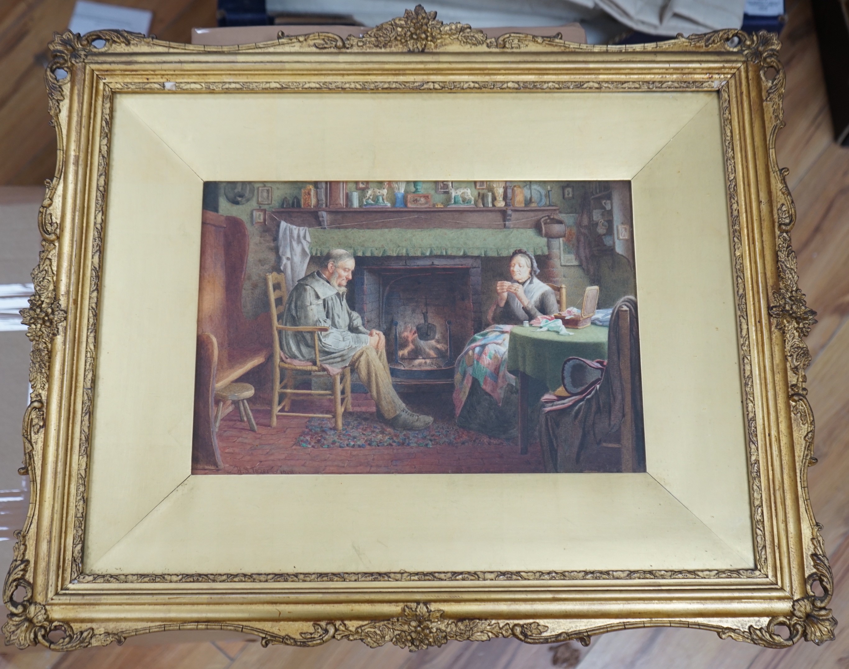 Henry Spernon Tozer (1854-1938), watercolour, Cottaqe interior with elderly couple beside the hearth, signed and dated 1918, 22 x 32cm
